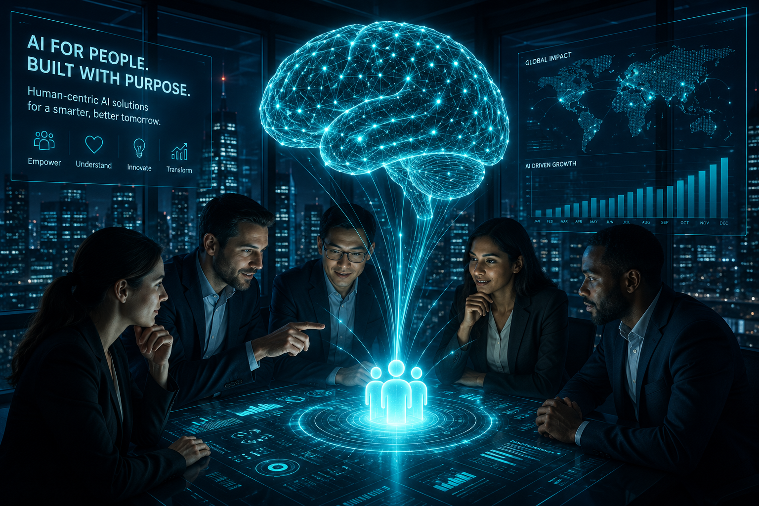 Five professionals collaborating around a human-centered AI holographic interface and glowing digital brain