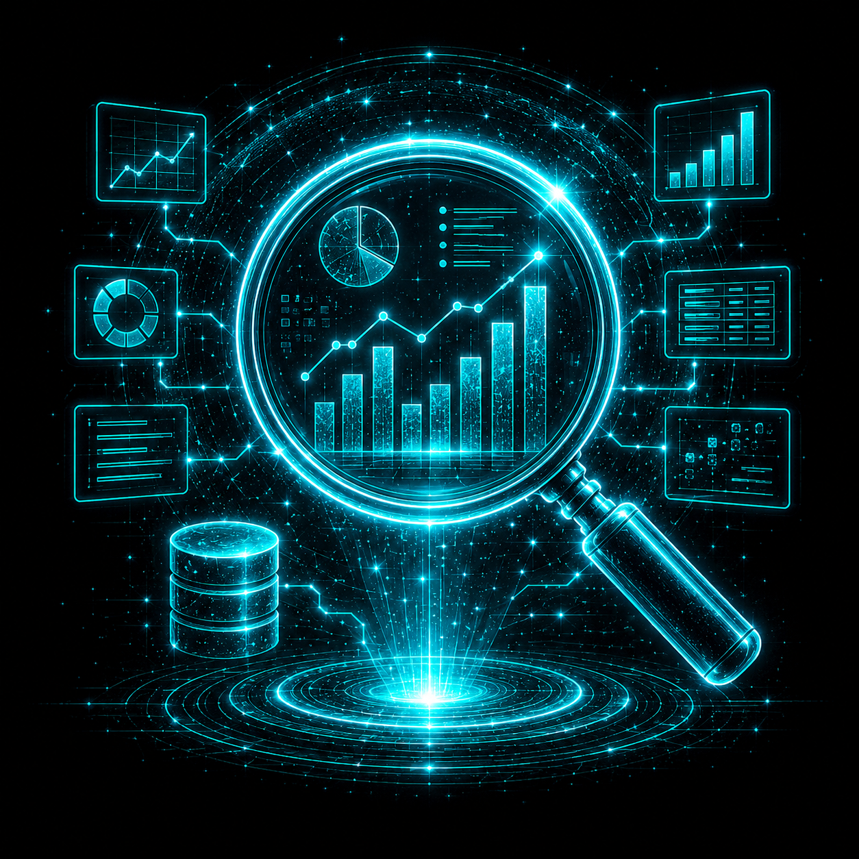 Business fit analysis with a magnifying glass inspecting connected business data and performance metrics